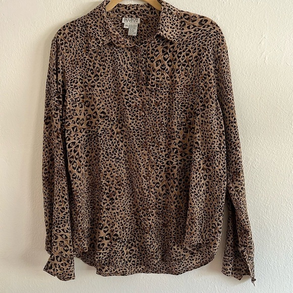 Allison Taylor Vintage Abstract Animal Feather Print Silk Blouse Size M - Picture 1 of 4